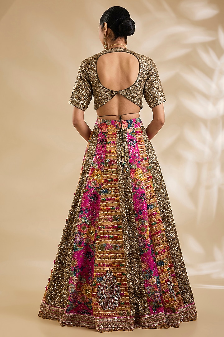 Rani Pink Georgette Hand & Machine Embroidered Bridal Lehenga Set by Debyani at Pernia's Pop Up Shop