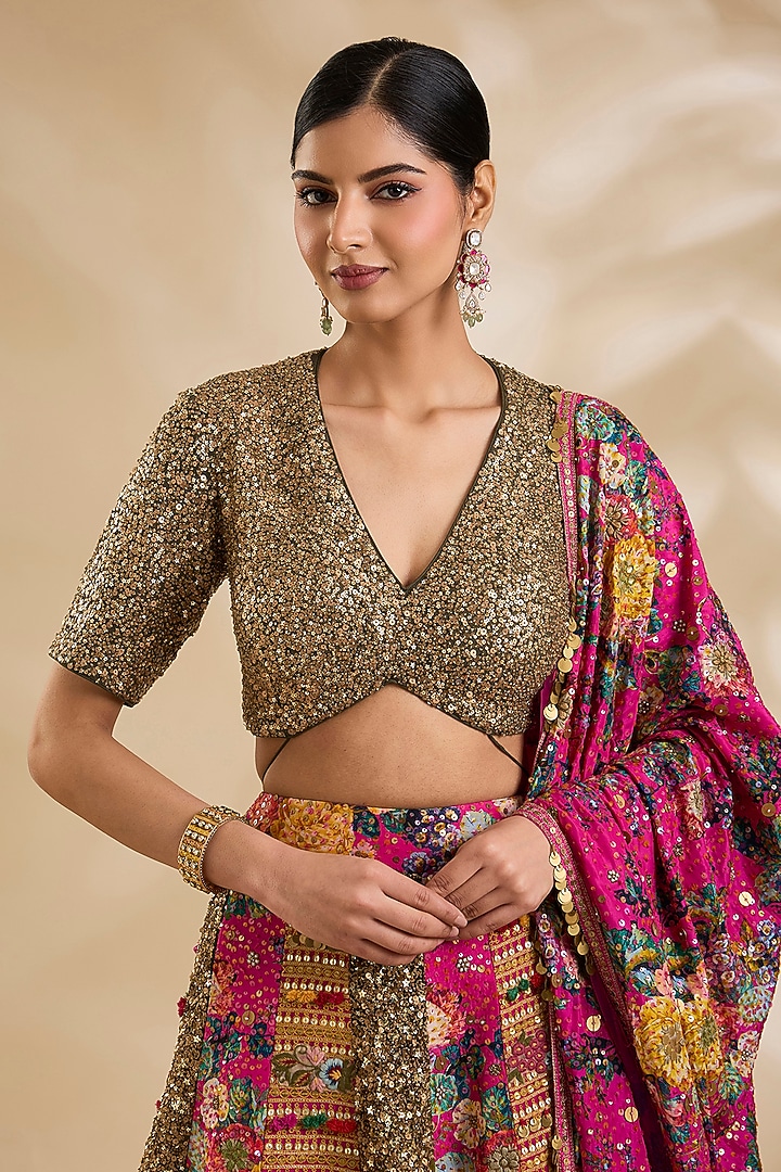 Rani Pink Georgette Hand & Machine Embroidered Bridal Lehenga Set by Debyani at Pernia's Pop Up Shop