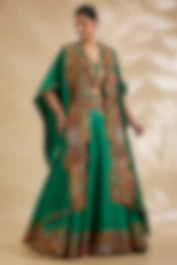 Green Organza Hand & Machine Embroidered Jacket Bridal Lehenga Set by Debyani at Pernia's Pop Up Shop