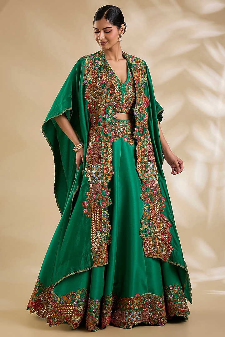 Green Organza Hand & Machine Embroidered Jacket Bridal Lehenga Set by Debyani at Pernia's Pop Up Shop