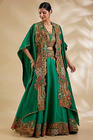 Green Organza Hand & Machine Embroidered Jacket Lehenga Set by Debyani