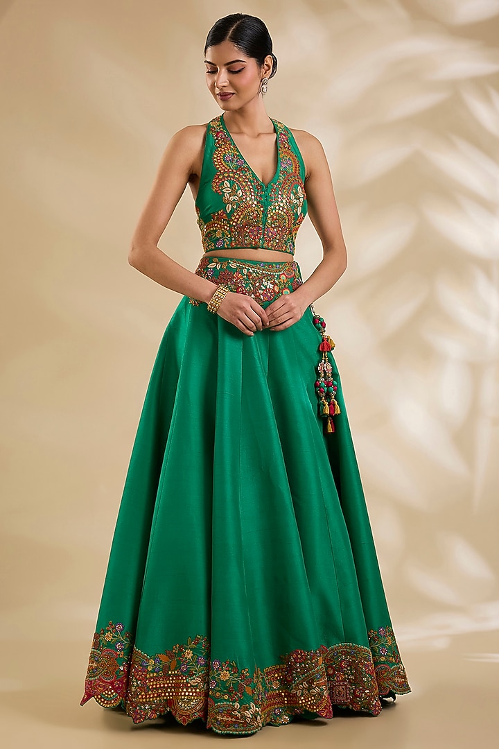 Green Organza Hand & Machine Embroidered Jacket Bridal Lehenga Set by Debyani at Pernia's Pop Up Shop