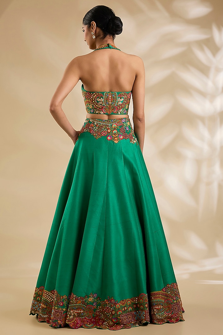 Green Organza Hand & Machine Embroidered Jacket Bridal Lehenga Set by Debyani at Pernia's Pop Up Shop