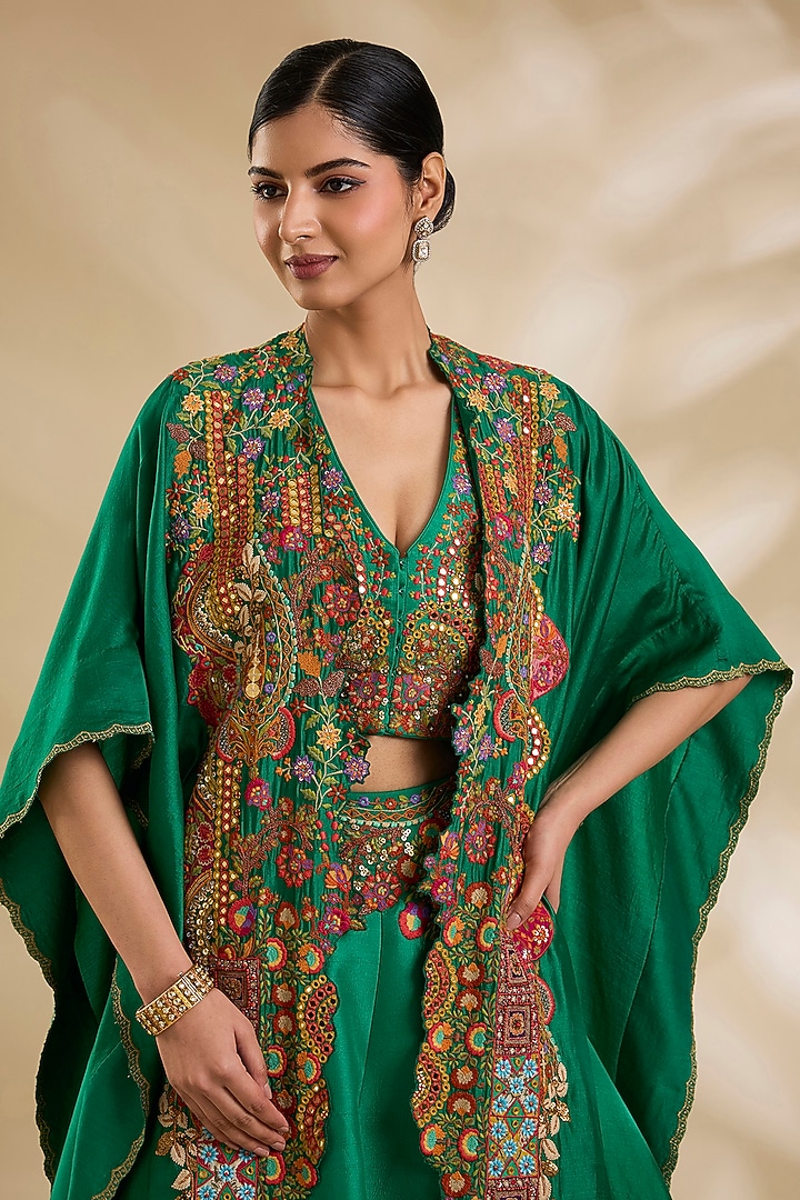 Green Organza Hand & Machine Embroidered Jacket Bridal Lehenga Set by Debyani at Pernia's Pop Up Shop