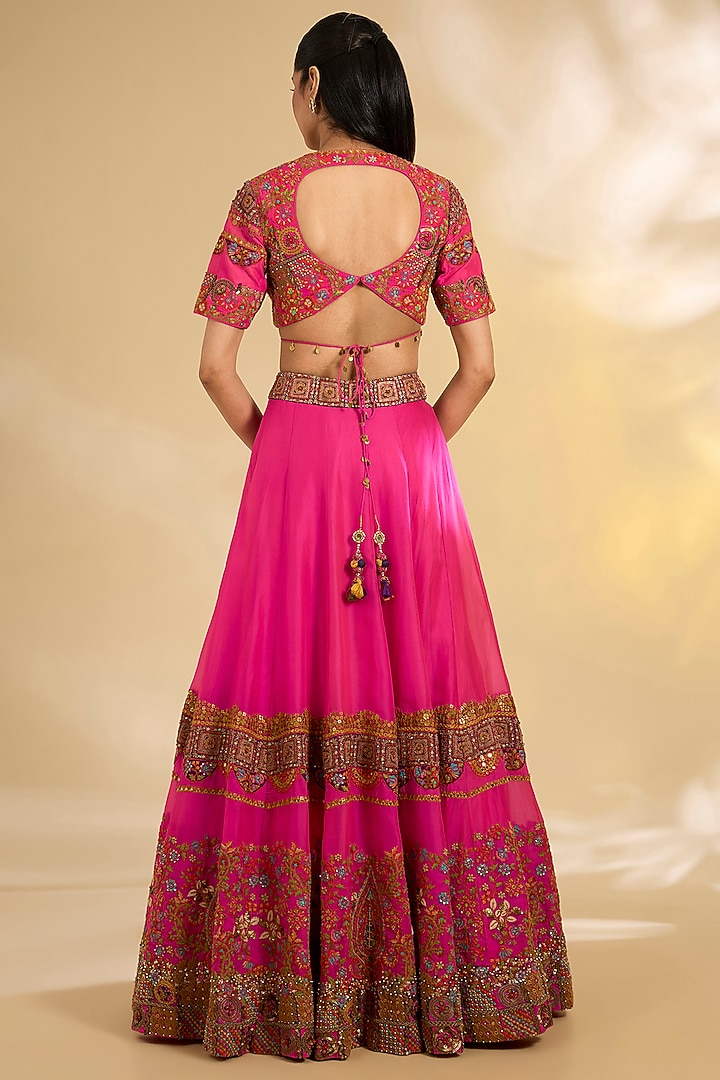 Pink Silk Hand & Machine Embroidered Bridal Lehenga Set by Debyani at Pernia's Pop Up Shop