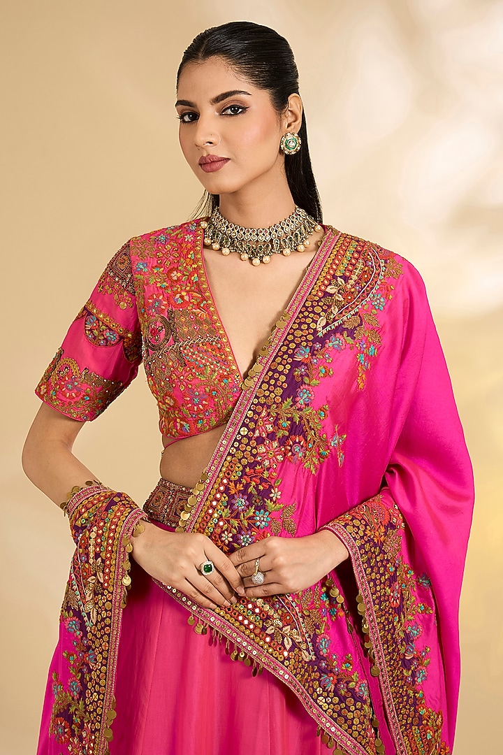 Pink Silk Hand & Machine Embroidered Bridal Lehenga Set by Debyani at Pernia's Pop Up Shop