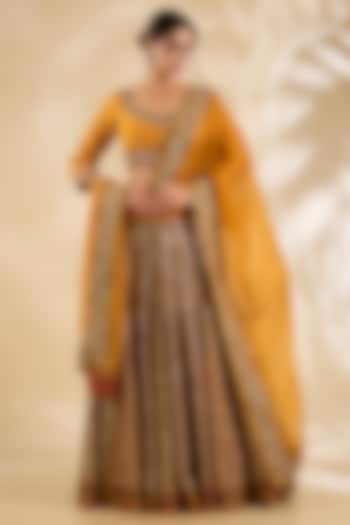 Burnt Orange Silk Hand & Machine Embroidered Bridal Lehenga Set by Debyani at Pernia's Pop Up Shop