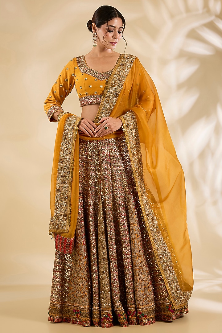 Burnt Orange Silk Hand & Machine Embroidered Bridal Lehenga Set by Debyani at Pernia's Pop Up Shop