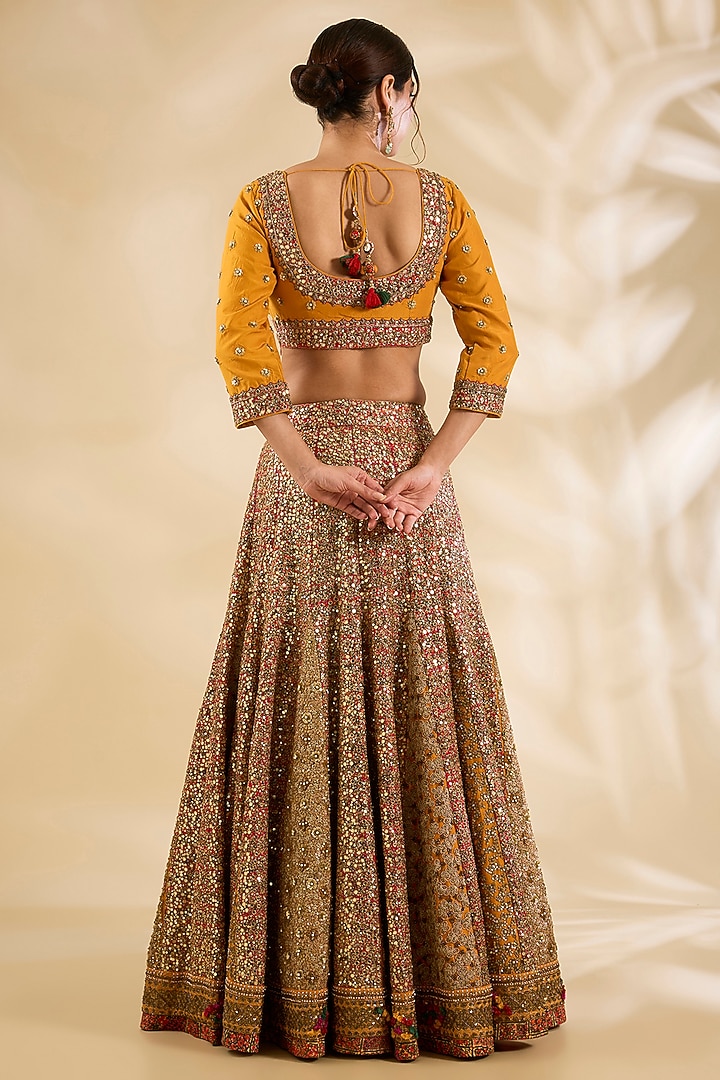 Burnt Orange Silk Hand & Machine Embroidered Bridal Lehenga Set by Debyani at Pernia's Pop Up Shop
