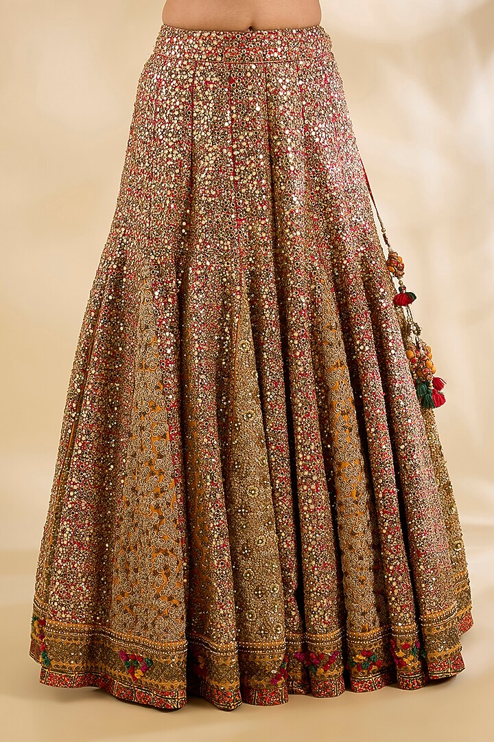 Burnt Orange Silk Hand & Machine Embroidered Bridal Lehenga Set by Debyani at Pernia's Pop Up Shop