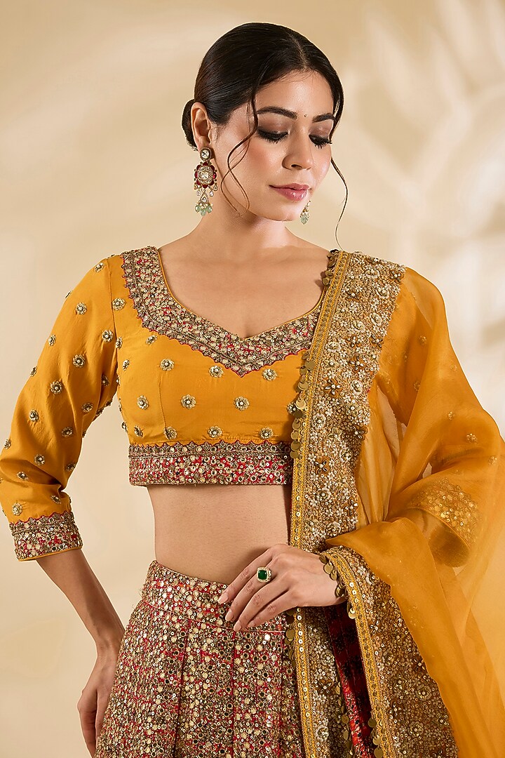 Burnt Orange Silk Hand & Machine Embroidered Bridal Lehenga Set by Debyani at Pernia's Pop Up Shop