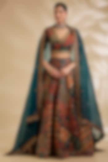 Blue Chanderi Hand & Machine Embroidered Bridal Lehenga Set by Debyani at Pernia's Pop Up Shop