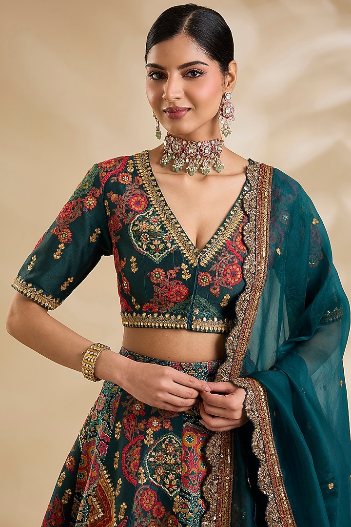 Blue Chanderi Hand & Machine Embroidered Bridal Lehenga Set by Debyani at Pernia's Pop Up Shop