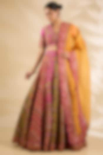 Pink Silk & Organza Embroidered & Printed Bridal Lehenga Set by Debyani at Pernia's Pop Up Shop