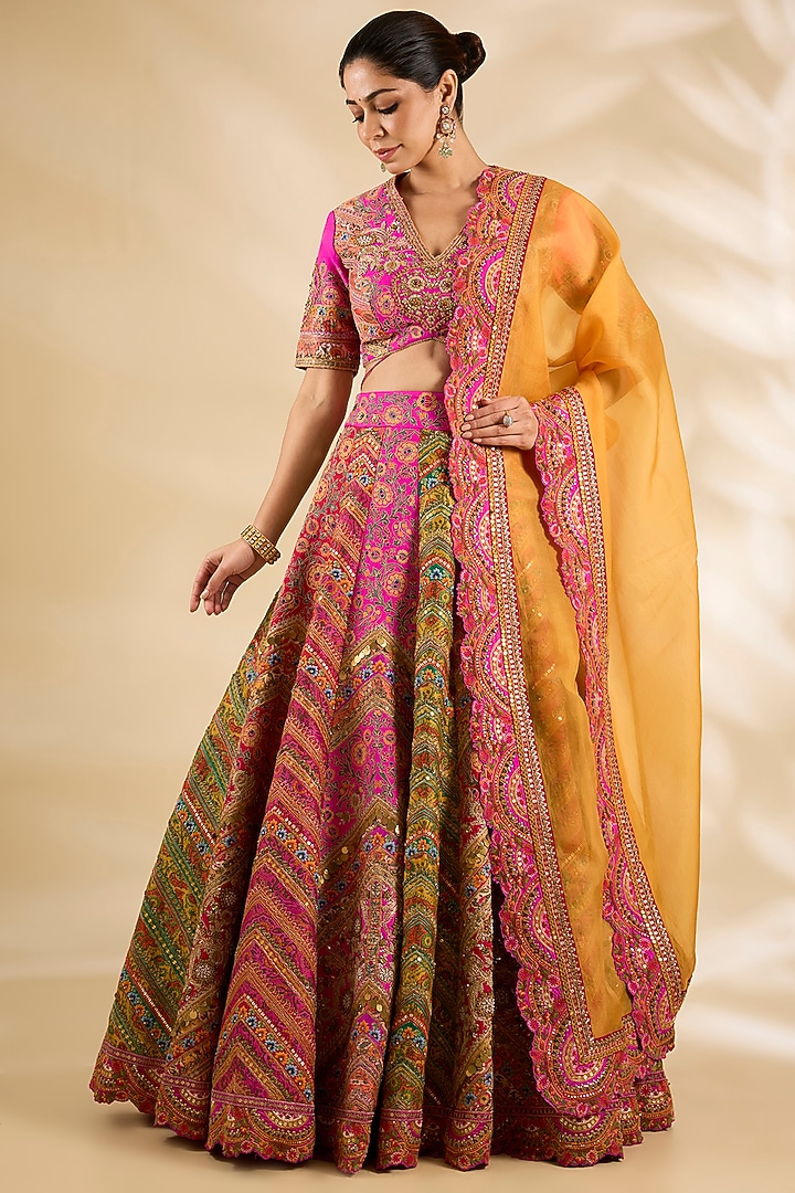 Pink Silk & Organza Embroidered & Printed Bridal Lehenga Set by Debyani at Pernia's Pop Up Shop