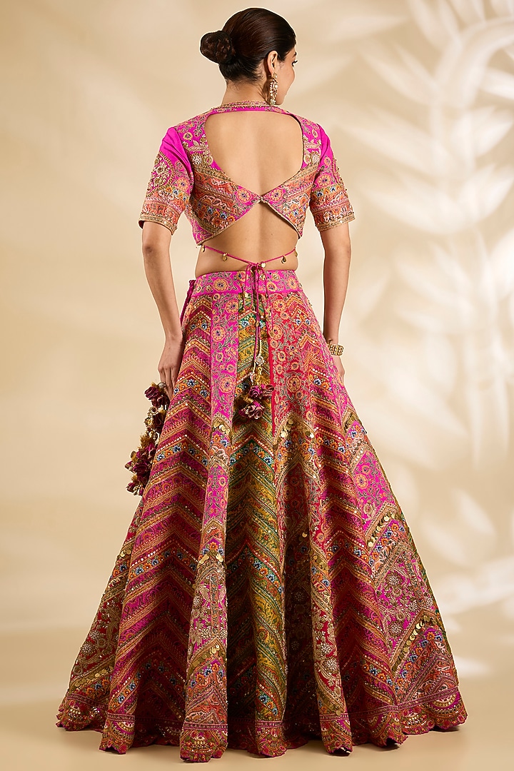 Pink Silk & Organza Embroidered & Printed Bridal Lehenga Set by Debyani at Pernia's Pop Up Shop
