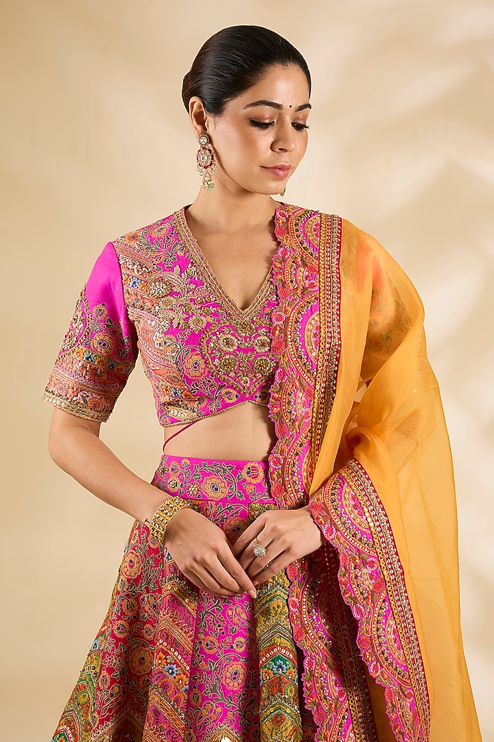 Pink Silk & Organza Embroidered & Printed Bridal Lehenga Set by Debyani at Pernia's Pop Up Shop
