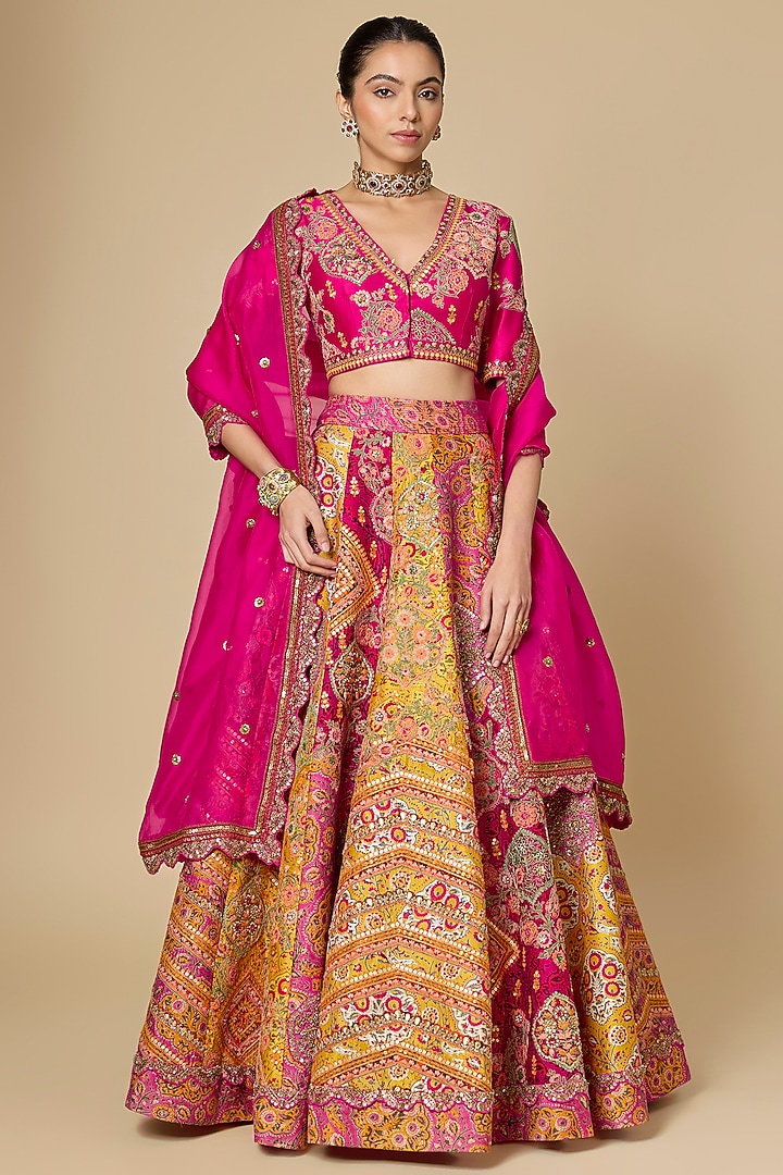 Orange & Rani Pink Chanderi Bridal Lehenga Set by Debyani at Pernia's Pop Up Shop