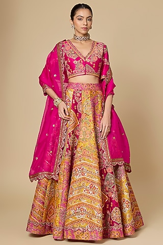 Orange & Rani Pink Chanderi Lehenga Set by Debyani