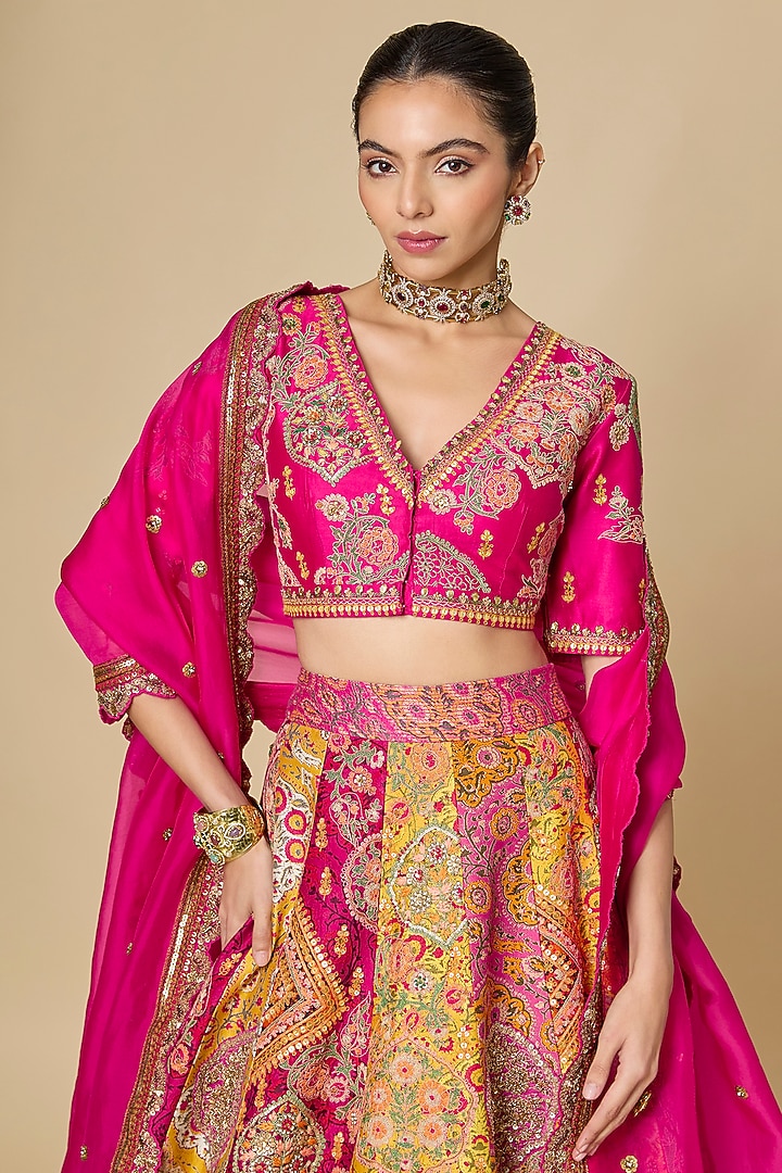 Orange & Rani Pink Chanderi Bridal Lehenga Set by Debyani at Pernia's Pop Up Shop