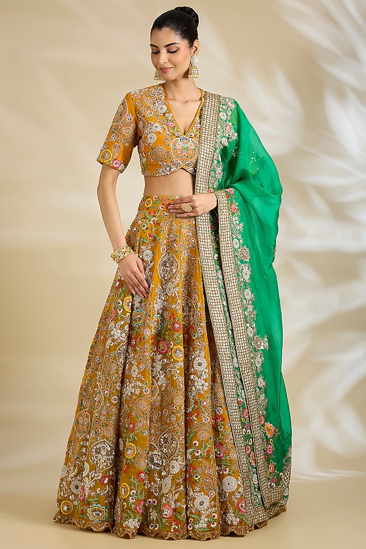 Mustard Organza Embroidered & Printed Bridal Lehenga Set by Debyani at Pernia's Pop Up Shop