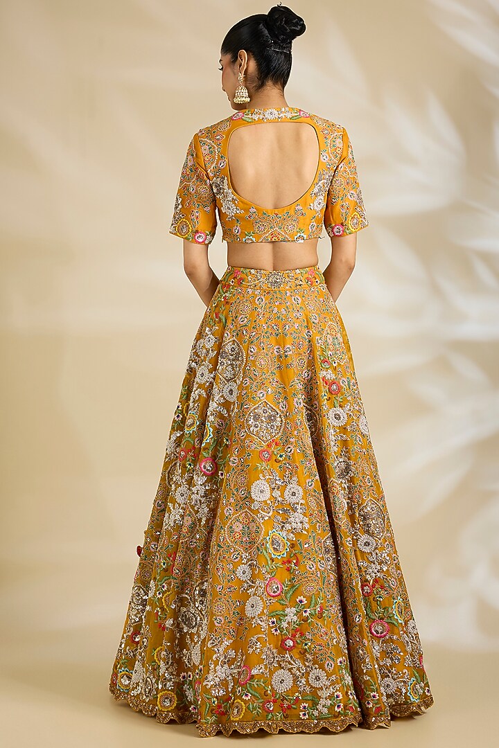 Mustard Organza Embroidered & Printed Bridal Lehenga Set by Debyani at Pernia's Pop Up Shop
