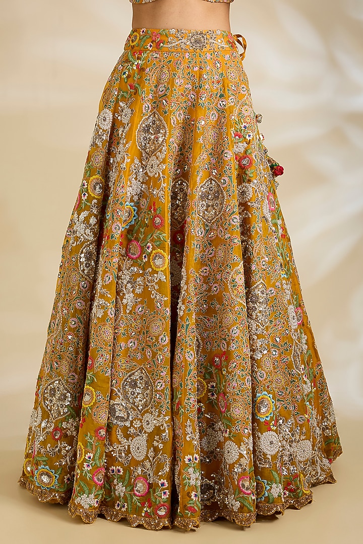 Mustard Organza Embroidered & Printed Bridal Lehenga Set by Debyani at Pernia's Pop Up Shop