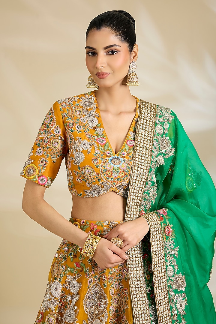 Mustard Organza Embroidered & Printed Bridal Lehenga Set by Debyani at Pernia's Pop Up Shop