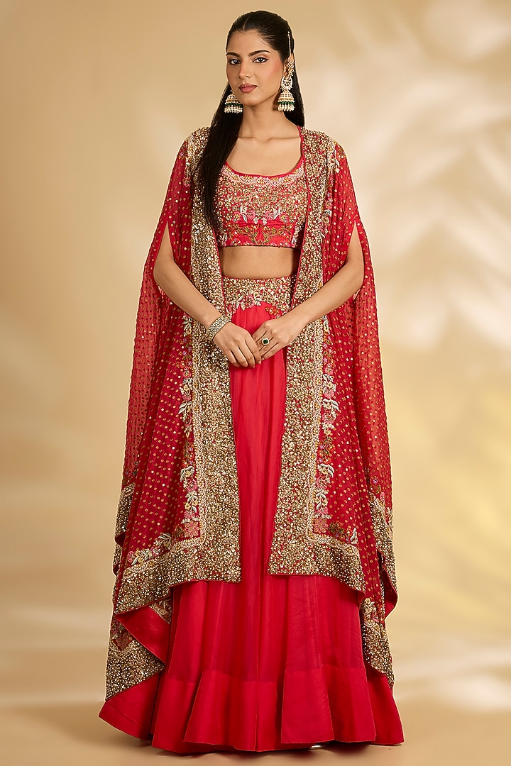 Red Organza Hand & Machine Embroidered Cape Set by Debyani at Pernia's Pop Up Shop