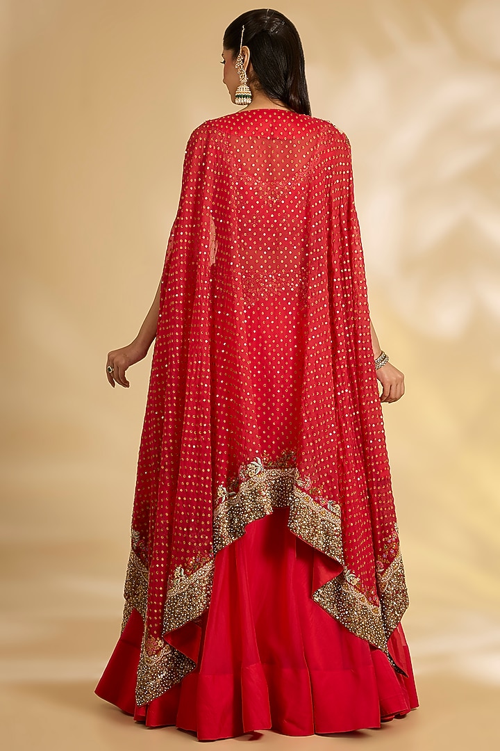 Red Organza Hand & Machine Embroidered Cape Set by Debyani at Pernia's Pop Up Shop