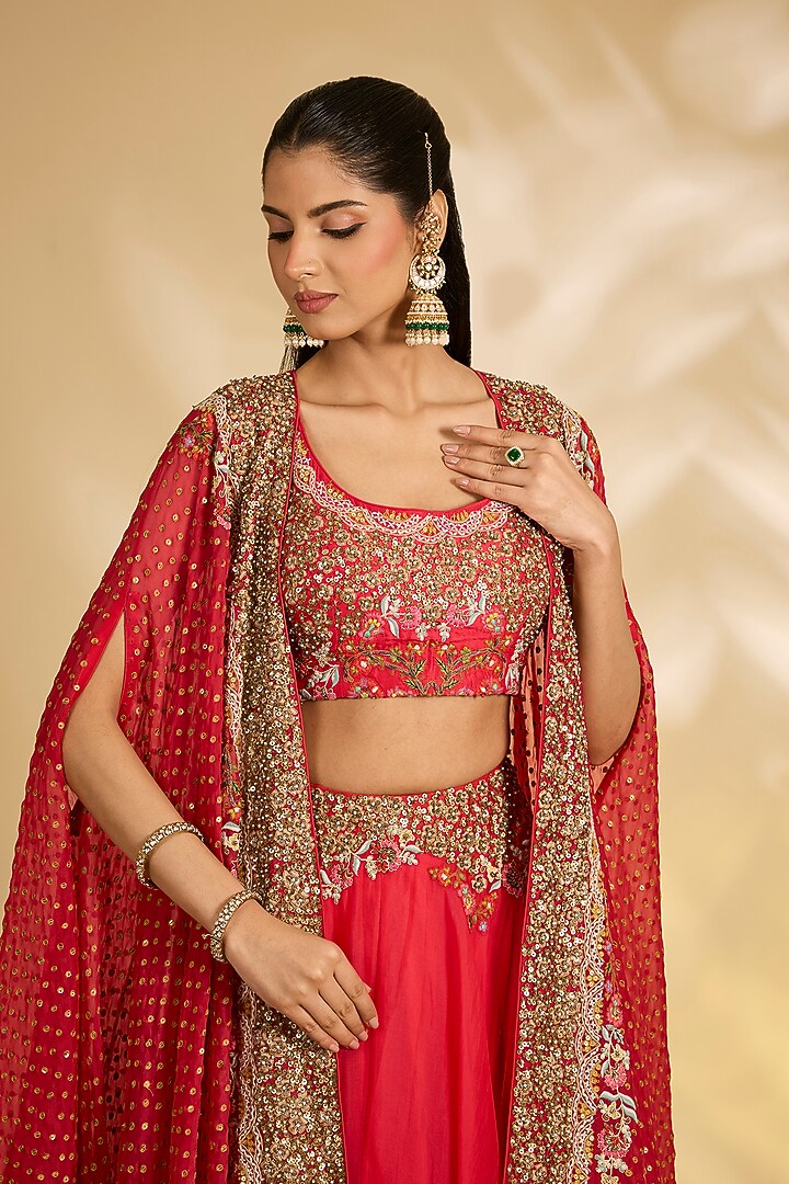 Red Organza Hand & Machine Embroidered Cape Set by Debyani at Pernia's Pop Up Shop