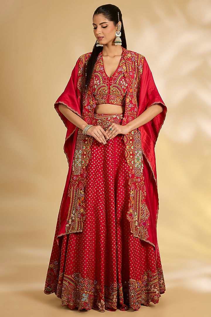 Red Silk Hand & Machine Embroidered Cape Set by Debyani at Pernia's Pop Up Shop