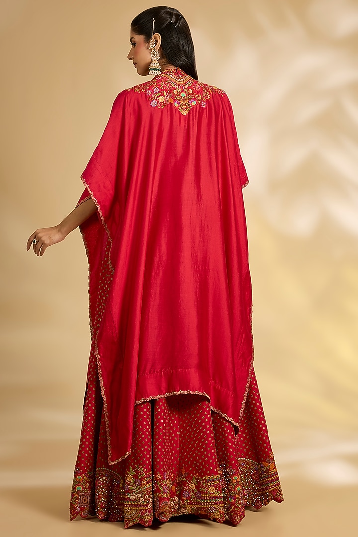 Red Silk Hand & Machine Embroidered Cape Set by Debyani at Pernia's Pop Up Shop