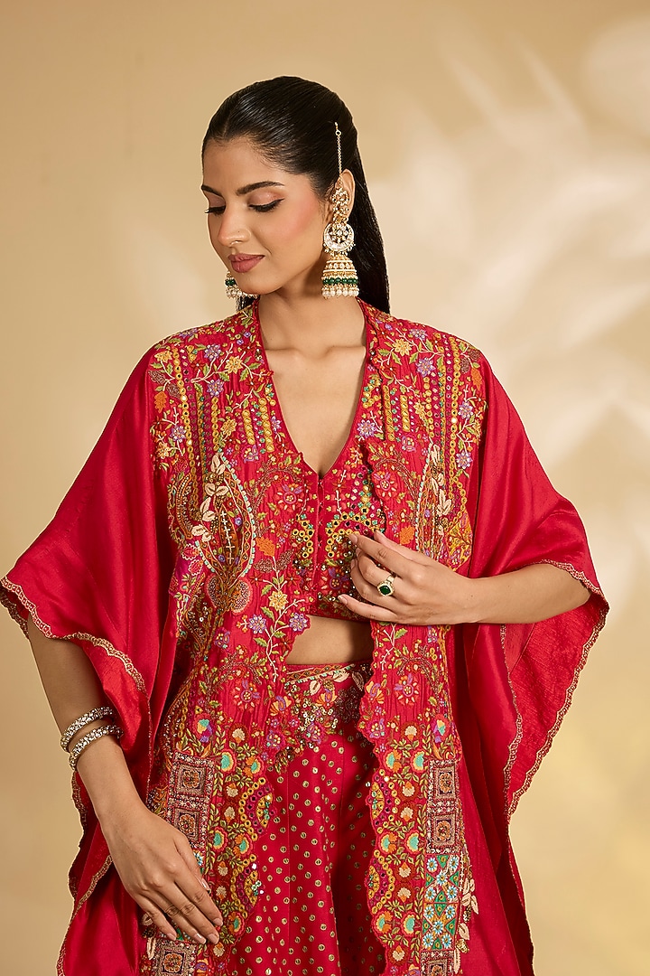 Red Silk Hand & Machine Embroidered Cape Set by Debyani at Pernia's Pop Up Shop