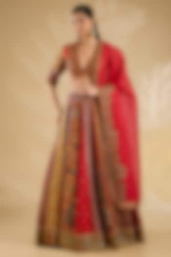 Red & Multi-Colored Silk Embroidered Bridal Lehenga Set by Debyani at Pernia's Pop Up Shop