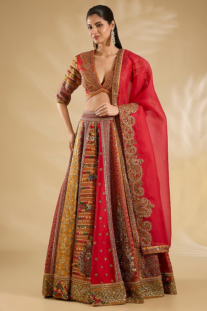 Red & Multi-Colored Silk Embroidered Bridal Lehenga Set by Debyani at Pernia's Pop Up Shop