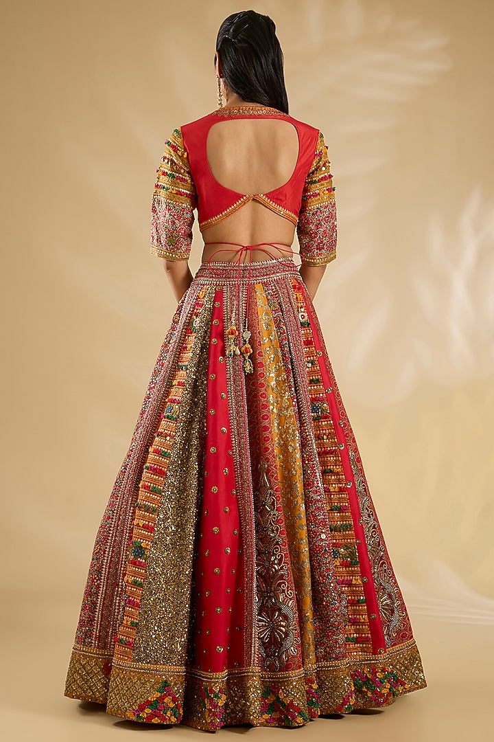 Red & Multi-Colored Silk Embroidered Bridal Lehenga Set by Debyani at Pernia's Pop Up Shop