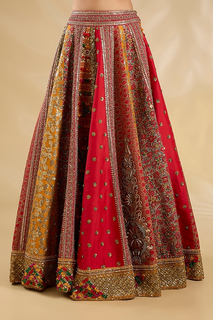 Red & Multi-Colored Silk Embroidered Bridal Lehenga Set by Debyani at Pernia's Pop Up Shop