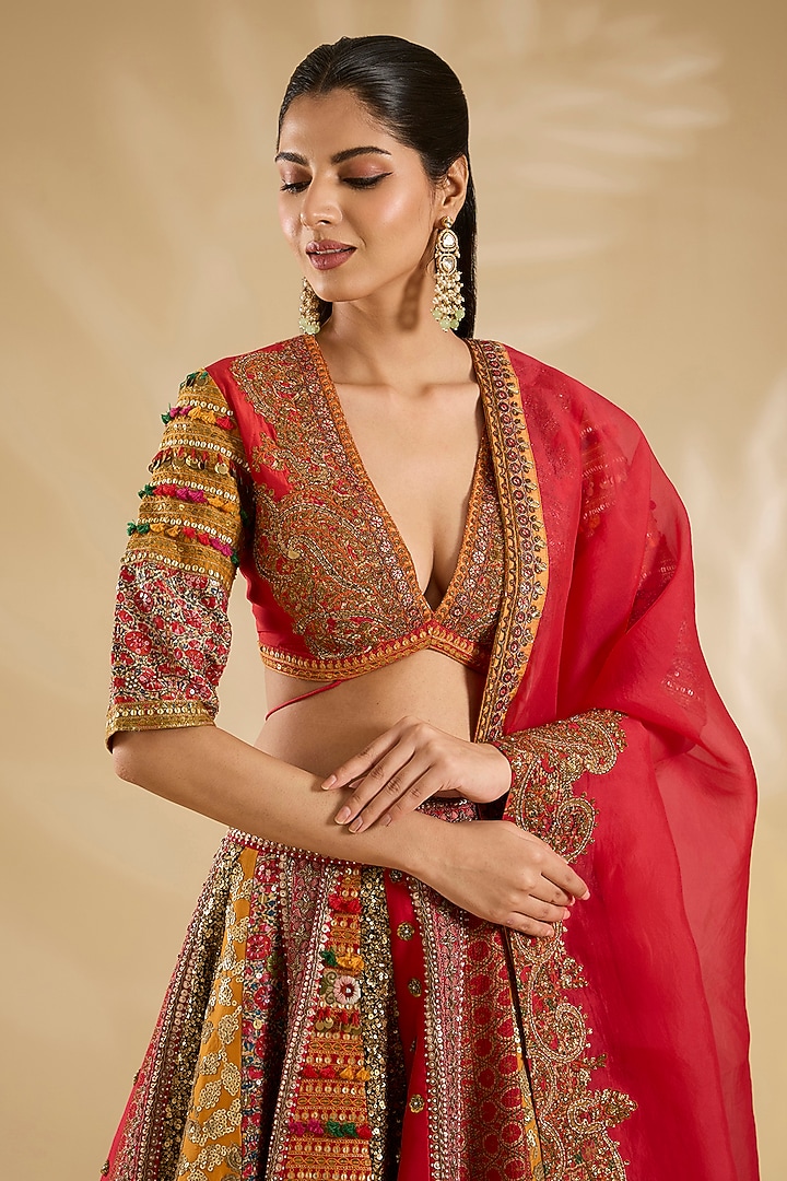 Red & Multi-Colored Silk Embroidered Bridal Lehenga Set by Debyani at Pernia's Pop Up Shop