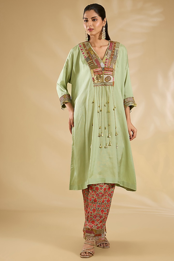 Pista Green Silk Hand & Machine Embroidered Kaftan Set by Debyani at Pernia's Pop Up Shop