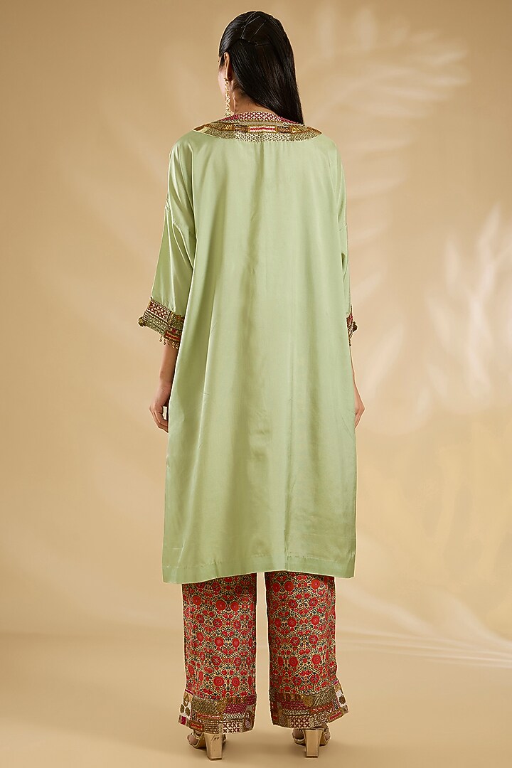 Pista Green Silk Hand & Machine Embroidered Kaftan Set by Debyani at Pernia's Pop Up Shop
