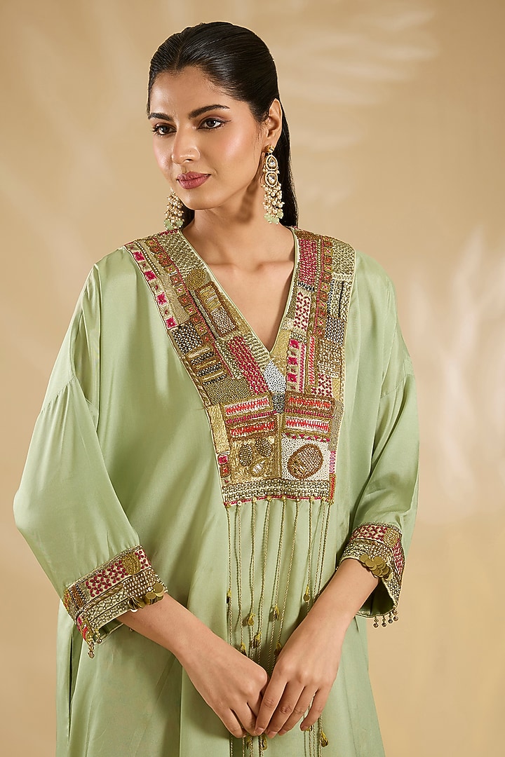 Pista Green Silk Hand & Machine Embroidered Kaftan Set by Debyani at Pernia's Pop Up Shop