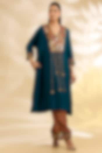 Navy Blue Silk Floral Printed & Embroidered Kaftan Set by Debyani at Pernia's Pop Up Shop