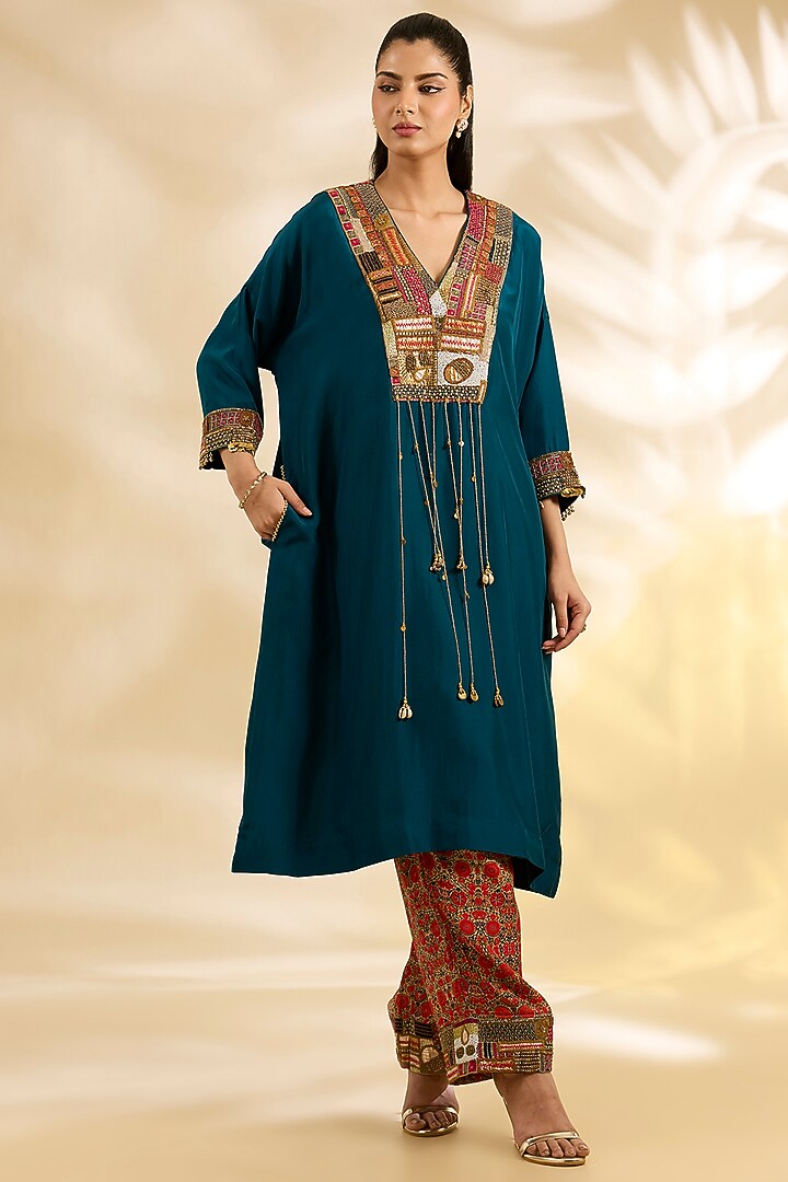 Navy Blue Silk Floral Printed & Embroidered Kaftan Set by Debyani at Pernia's Pop Up Shop
