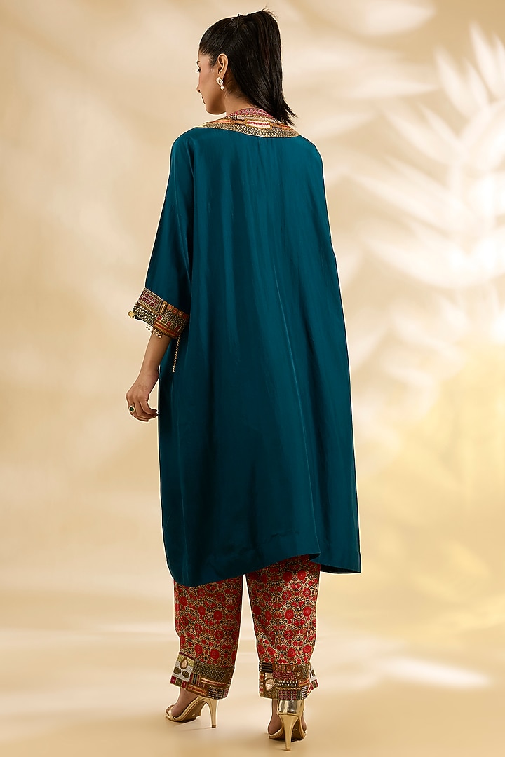 Navy Blue Silk Floral Printed & Embroidered Kaftan Set by Debyani at Pernia's Pop Up Shop
