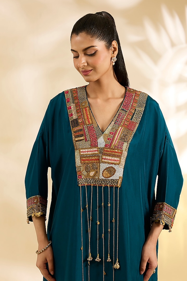 Navy Blue Silk Floral Printed & Embroidered Kaftan Set by Debyani at Pernia's Pop Up Shop