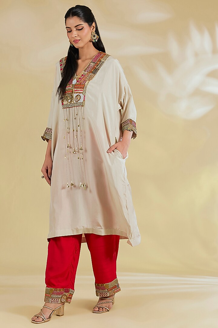 Ivory Silk Hand & Machine Embroidered Abstract Kaftan Set by Debyani at Pernia's Pop Up Shop