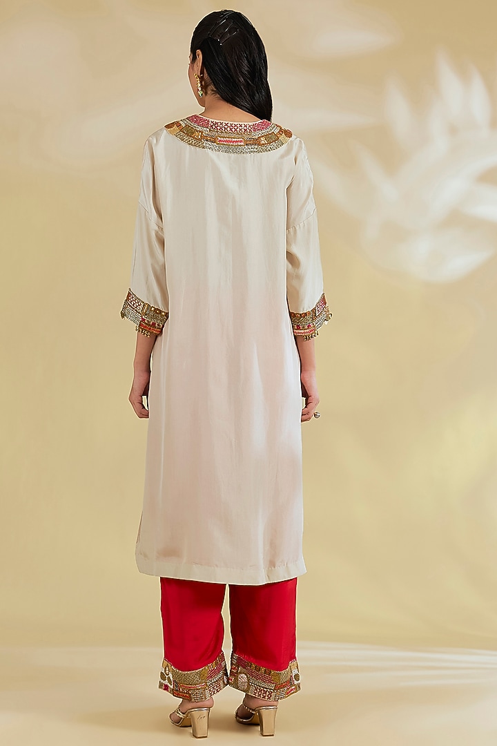 Ivory Silk Hand & Machine Embroidered Abstract Kaftan Set by Debyani at Pernia's Pop Up Shop