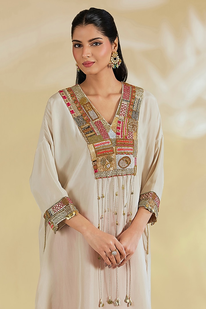 Ivory Silk Hand & Machine Embroidered Abstract Kaftan Set by Debyani at Pernia's Pop Up Shop