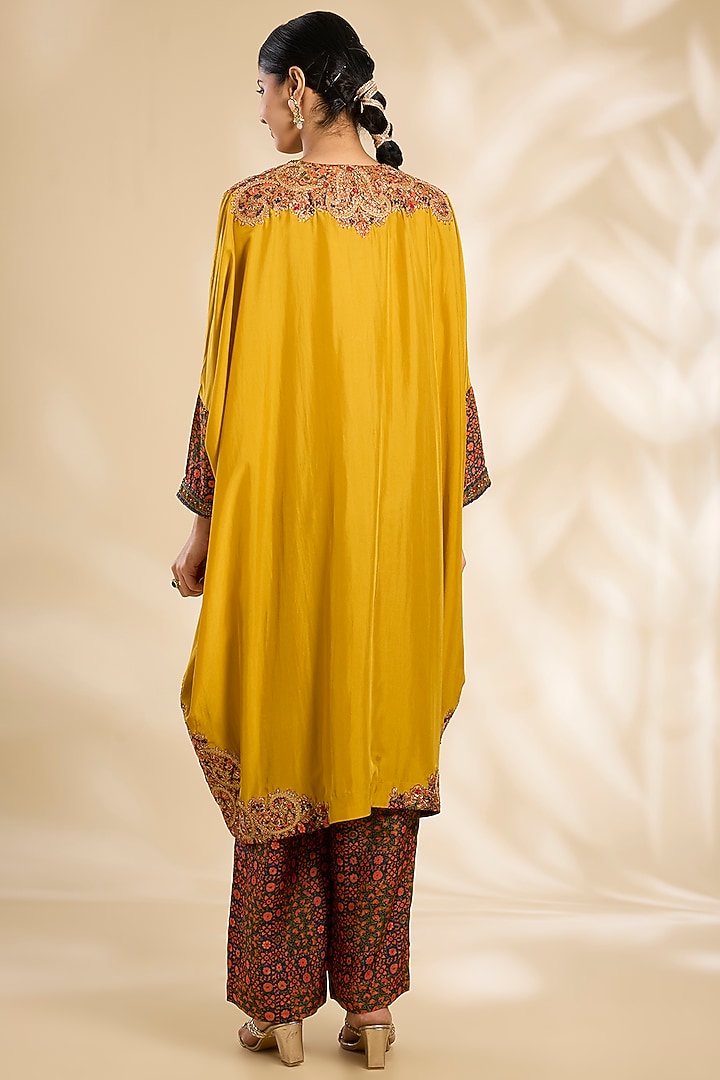 Mustard Silk Hand & Machine Embroidered Kaftan Set by Debyani at Pernia's Pop Up Shop